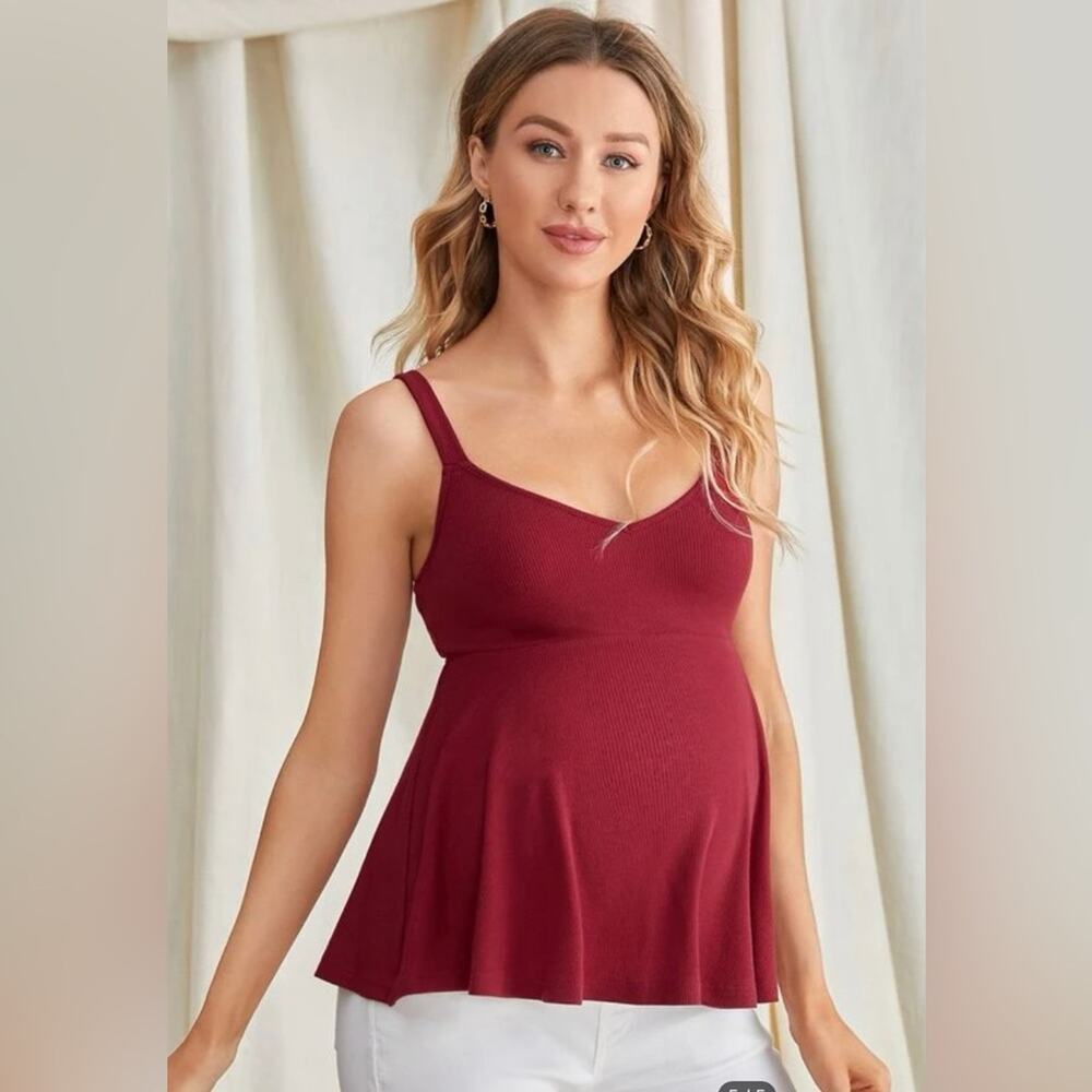 Shein Maternity Peplum Tank TOP Burgundy Causal stretch ruffle rib knit MEDIUM